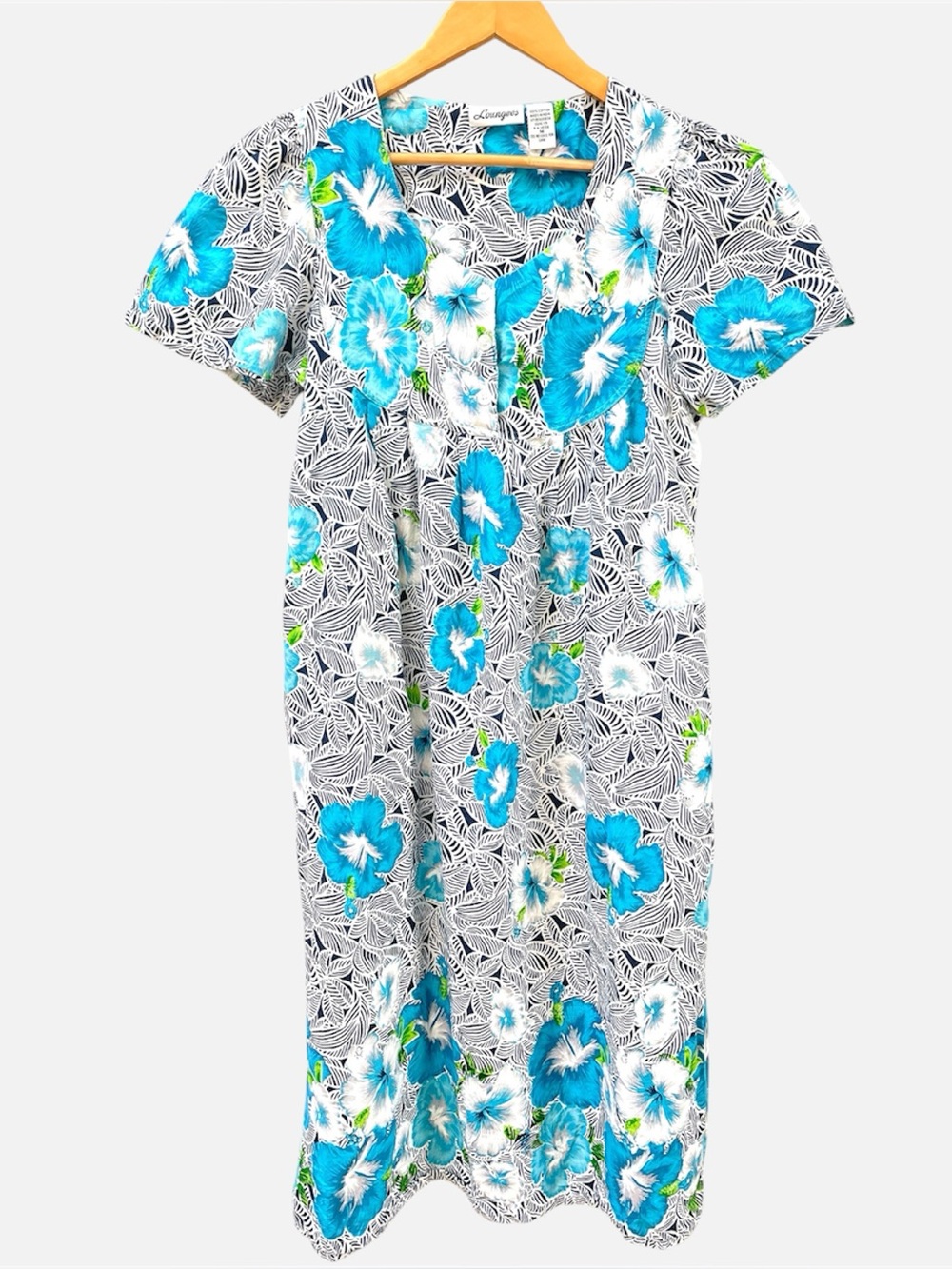 Loungees Blue Tropical Floral ShortSleeve Midi House Dress MuuMuu Women's Medium